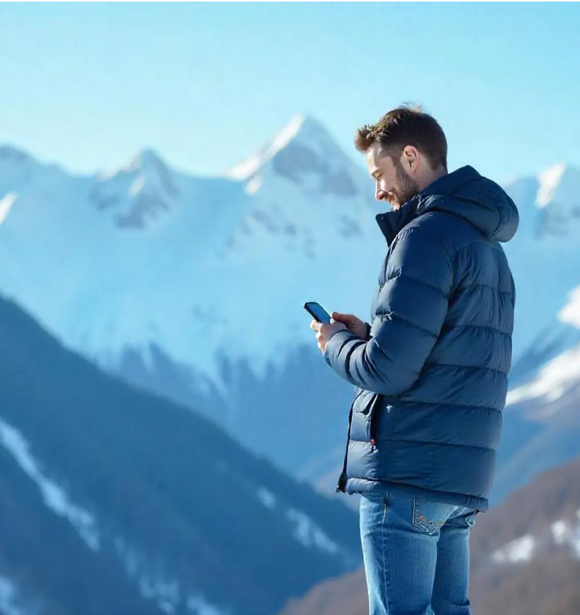 Person outdoors looking at a phone in the Swiss Alps